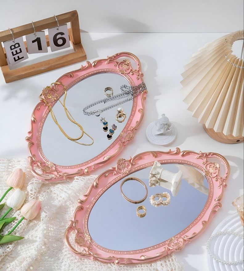 Set 2 Bandeja Espejo Decorativa Rosada Organizador Jhn-7