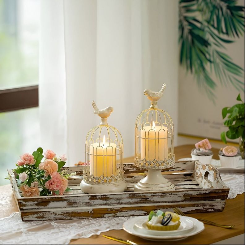 Set de 2 Candelabro Portavelas Decorativo Jaula Blanco Jhn-2