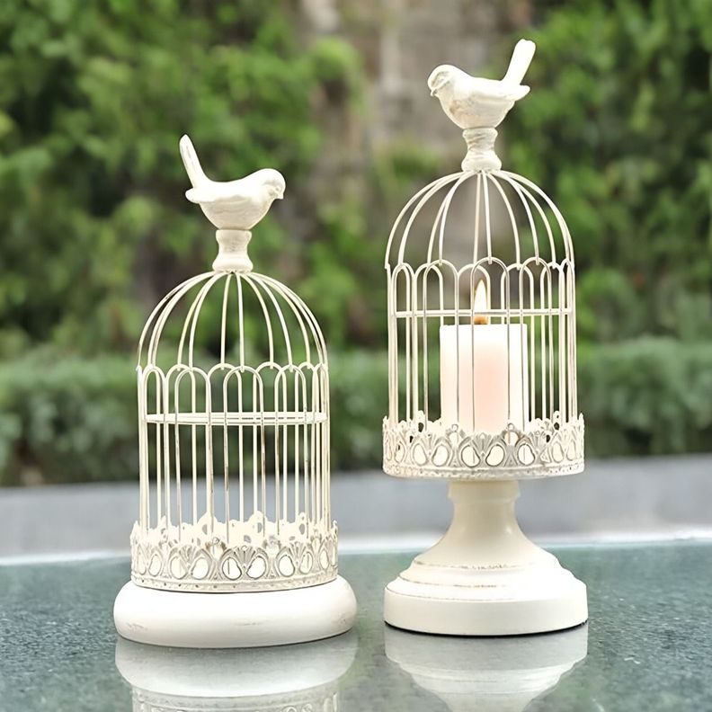 Set de 2 Candelabro Portavelas Decorativo Jaula Blanco Jhn-5
