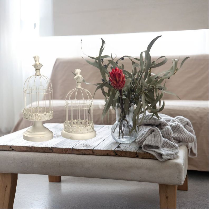 Set de 2 Candelabro Portavelas Decorativo Jaula Blanco Jhn-6