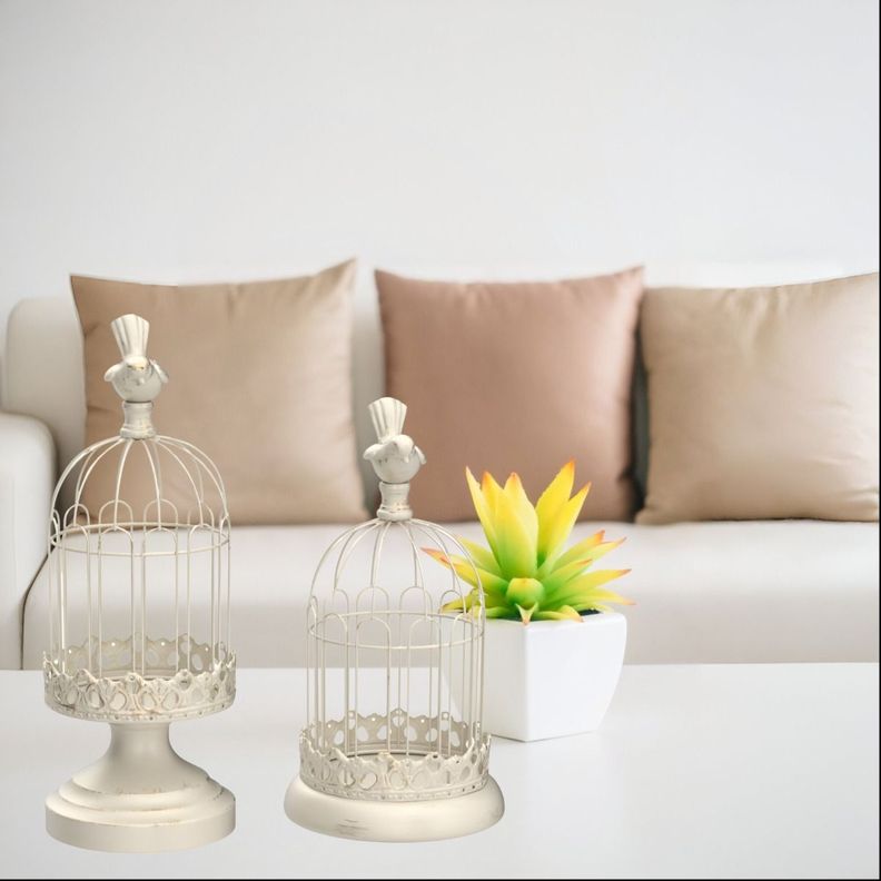 Set de 2 Candelabro Portavelas Decorativo Jaula Blanco Jhn-7