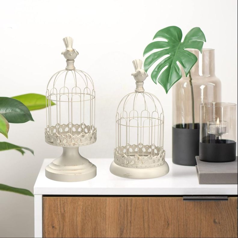 Set de 2 Candelabro Portavelas Decorativo Jaula Blanco Jhn-8