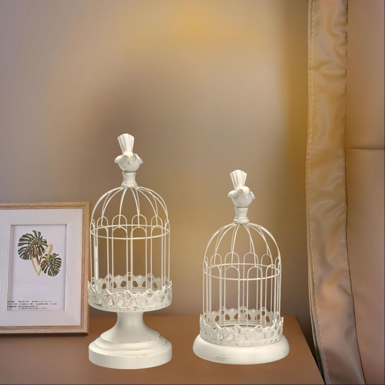 Set de 2 Candelabro Portavelas Decorativo Jaula Blanco Jhn-9