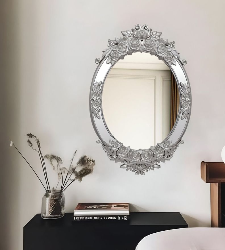 Espejo Pared Ovalado Colgar Decorativo Grande Plateado Jhn-2