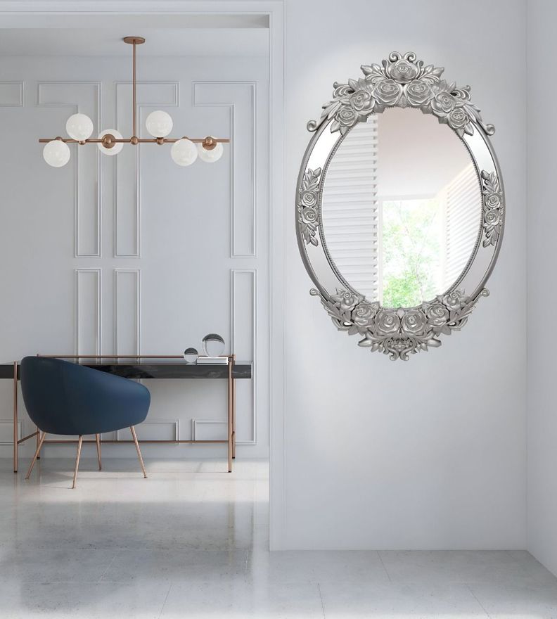 Espejo Pared Ovalado Colgar Decorativo Grande Plateado Jhn-7
