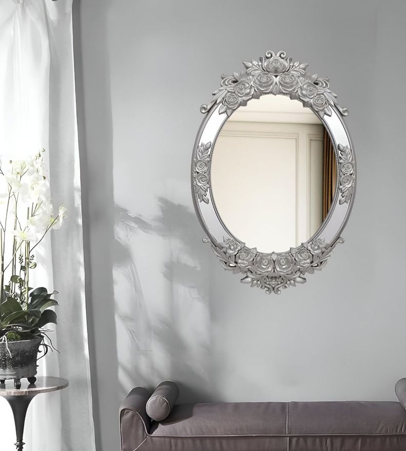 Espejo Pared Ovalado Colgar Decorativo Grande Plateado Jhn-8