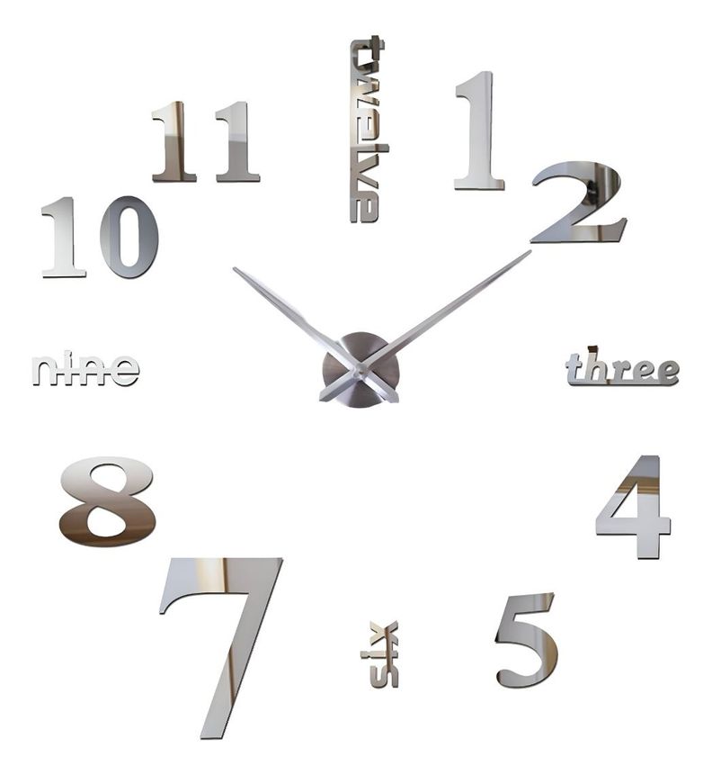 Reloj Pared 3D Grande Sin Marco Decoración Plateado Jhn-0