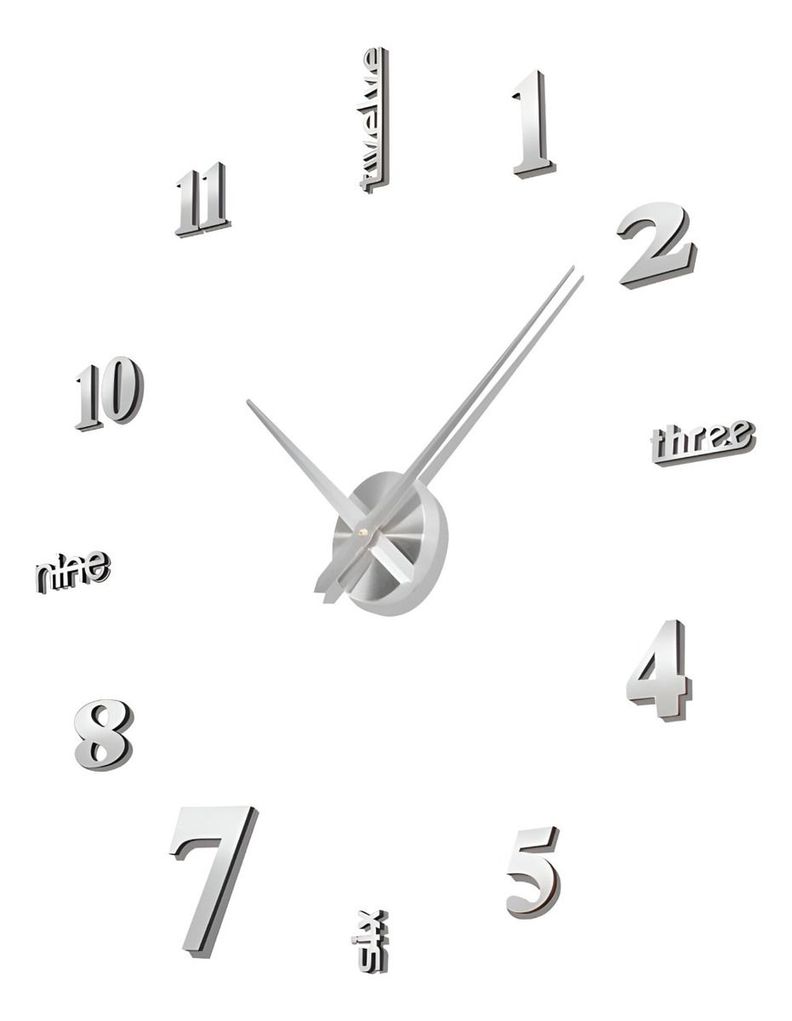 Reloj Pared 3D Grande Sin Marco Decoración Plateado Jhn-1