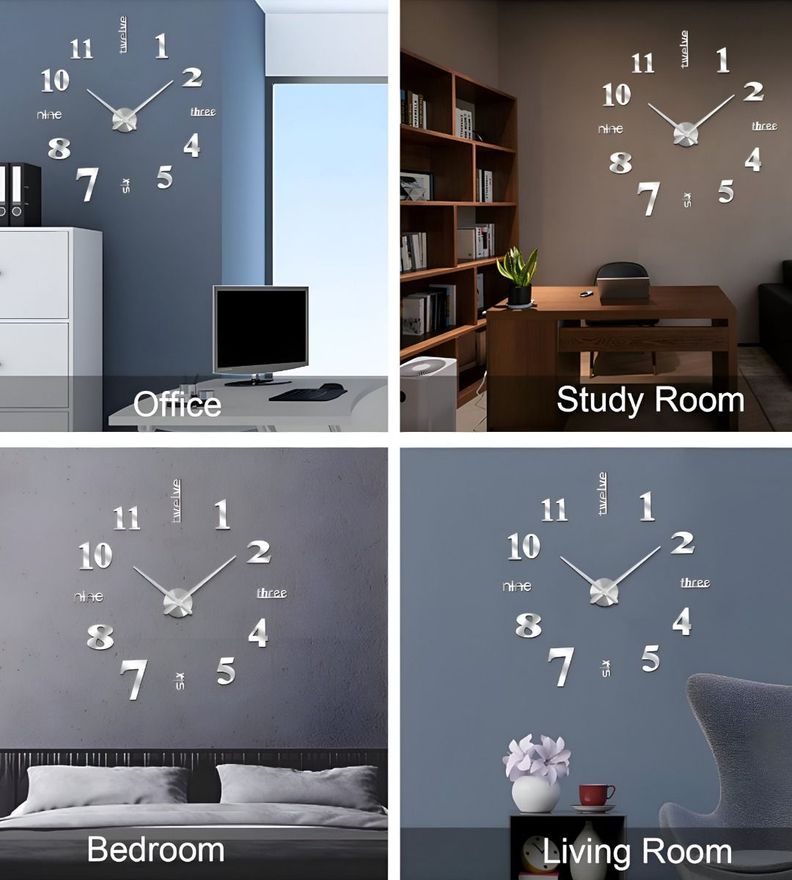 Reloj Pared 3D Grande Sin Marco Decoración Plateado Jhn-3