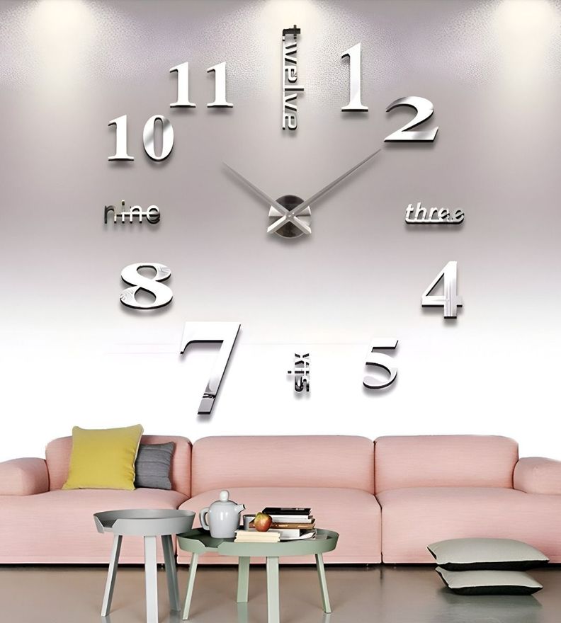 Reloj Pared 3D Grande Sin Marco Decoración Plateado Jhn-6
