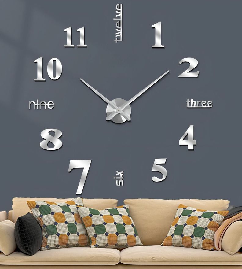 Reloj Pared 3D Grande Sin Marco Decoración Plateado Jhn-7