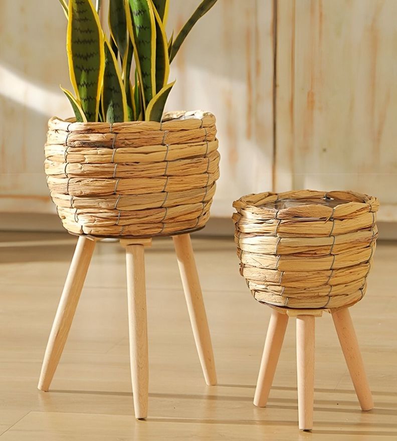 Set Macetas Decorativas Tejido Paja Plantas Flores Jhn-1