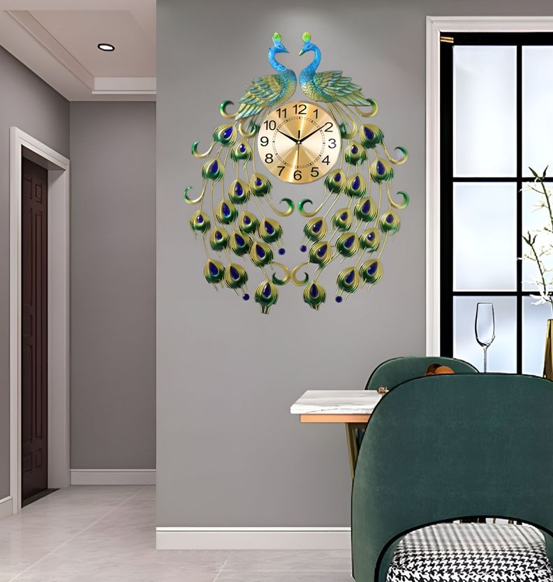 Reloj Analógico Pared Diseño Doble Pavo Real Decorativo Jhn-3