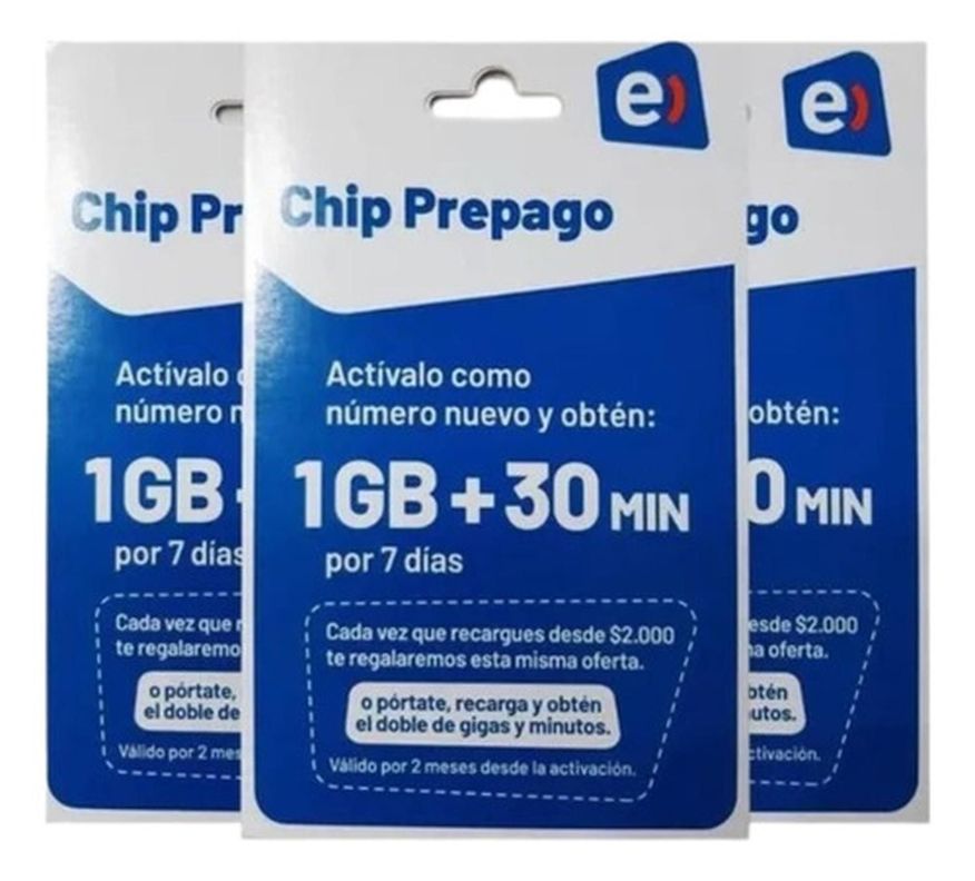 Pack 3 Chip Prepago Entel 30min + 1GB en Internet-0