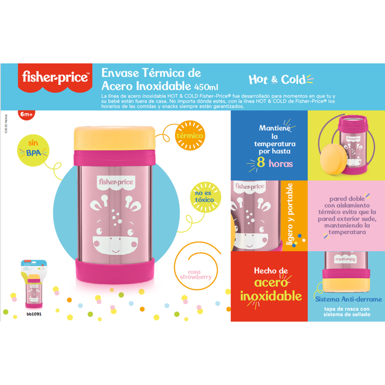 Termo Acero Inox Fisher Price 450ml Rosa BB1091-2