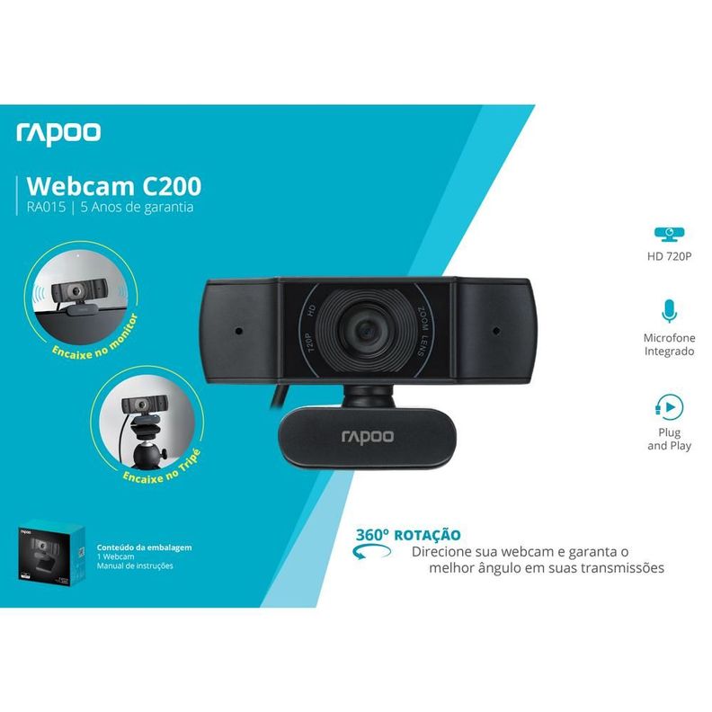 Webcam Rapoo 720P Foco Automatico C200 RA015-6