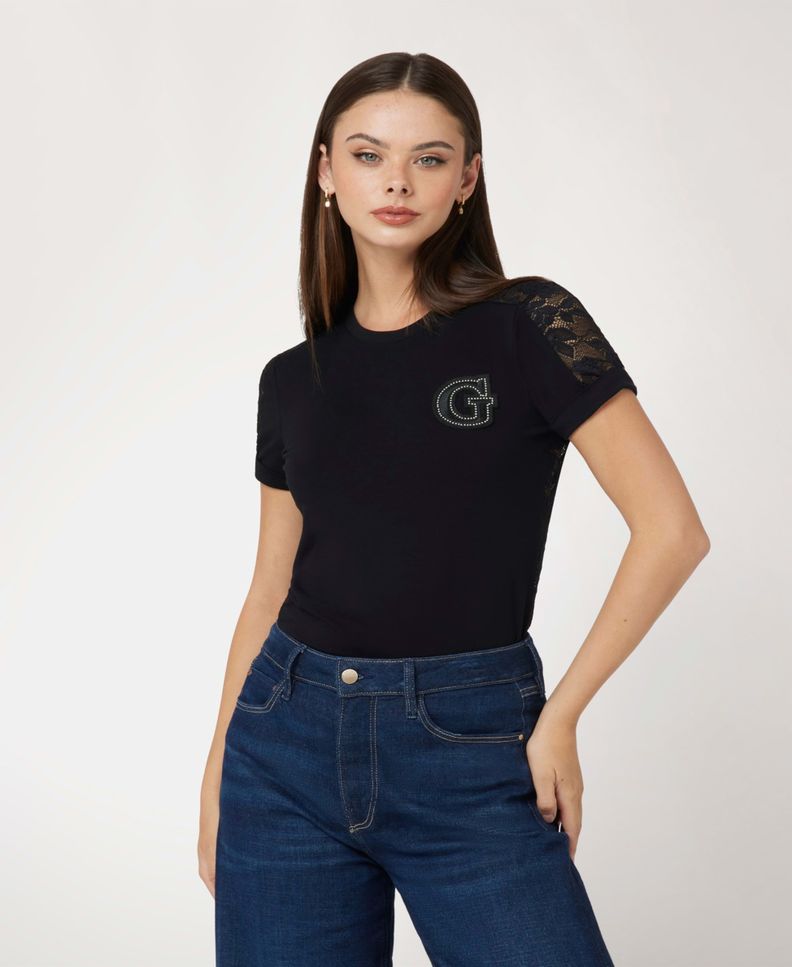 Polera Guess Mujer Ss Cn Lace Tee Negro-0