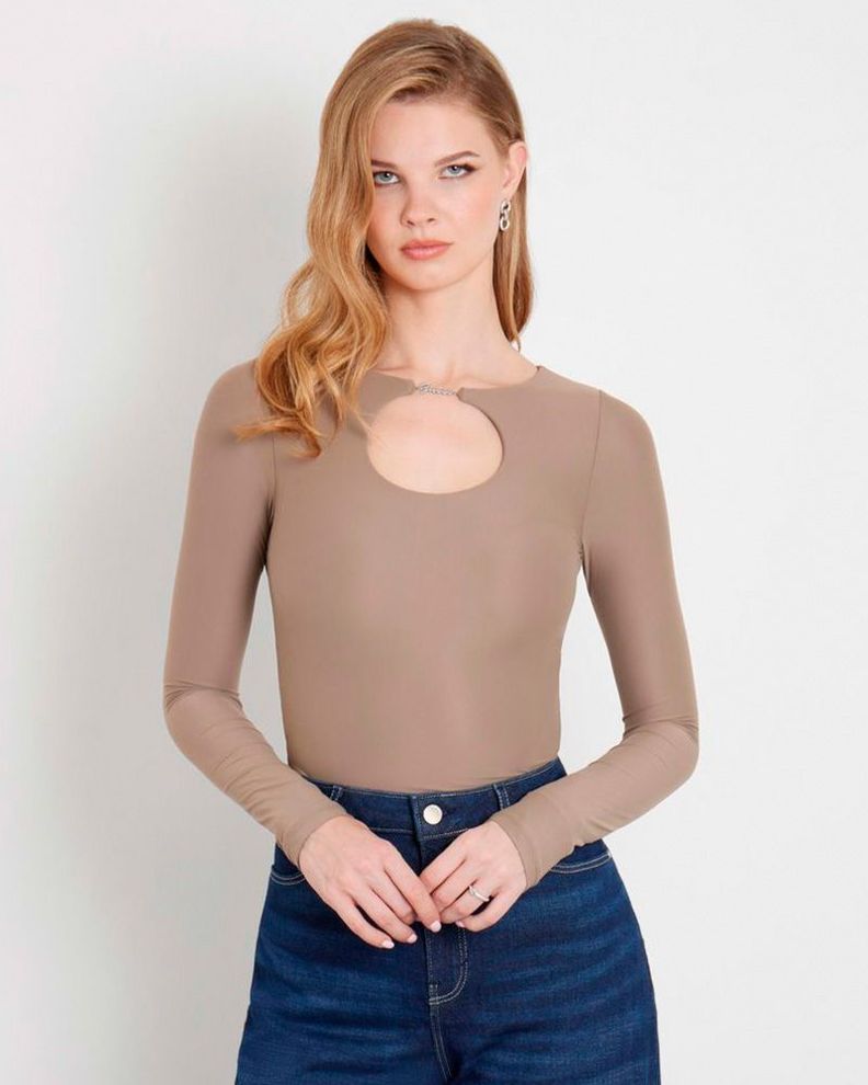 Polera Guess Mujer Ls Amira Logo Placket Top Café-0
