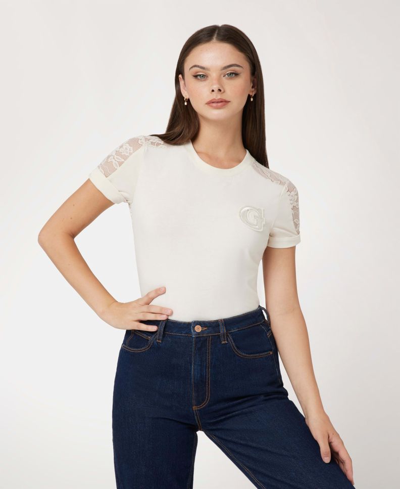 Polera Guess Mujer Ss Cn Lace Tee Beige-0