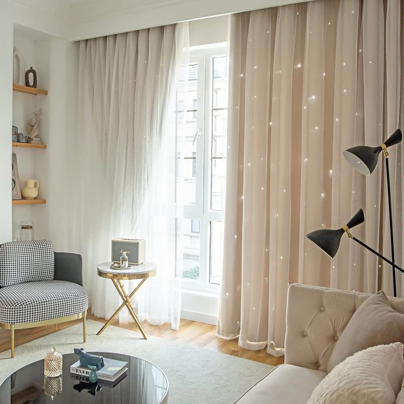 Cortinas Blackout con agujero estrella y Visillo integrado - Beige-4