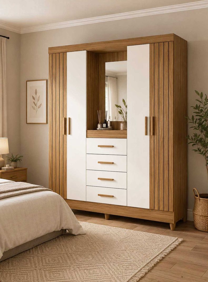 Closet 4 Puertas 4 Cajones Atenas Freijo / Off White con Espejo