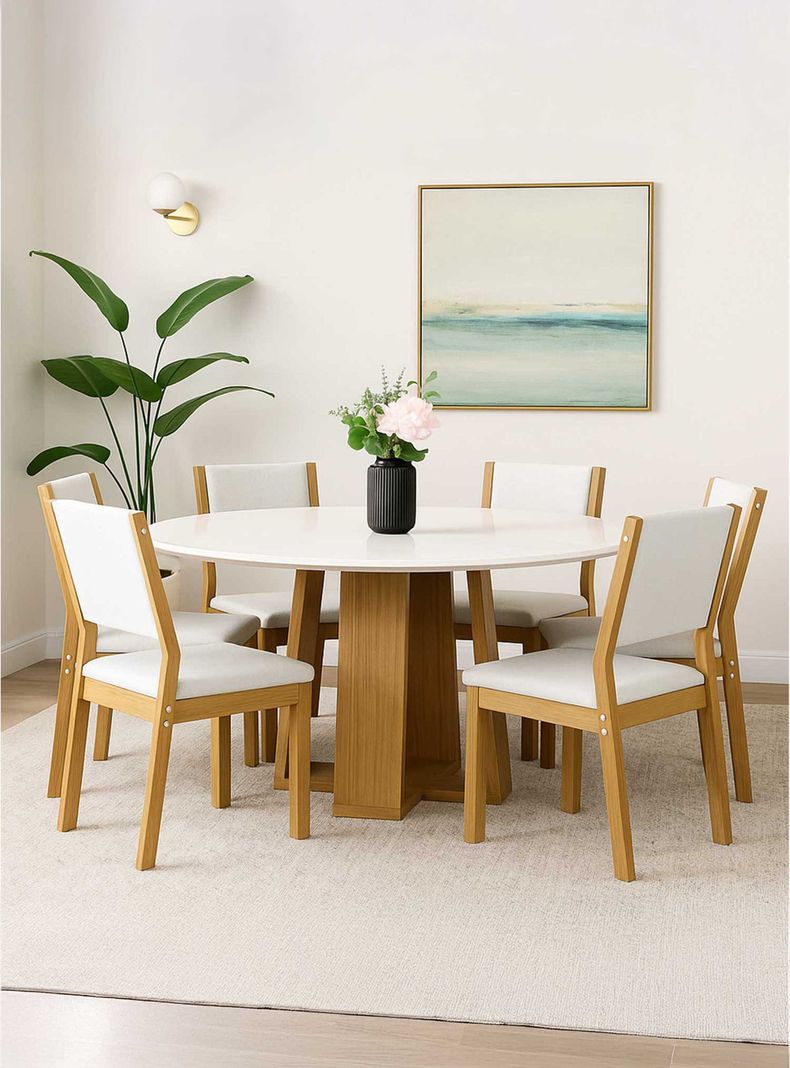 Juego de Comedor Amore 135x135 cm Vidrio 6 Sillas Beige