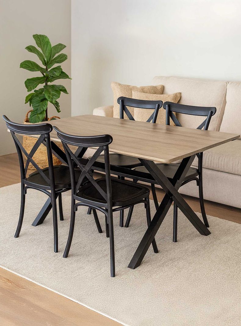 Juego de comedor Vermont 4 sillas crossback negras 160 x 90 x 77 cm