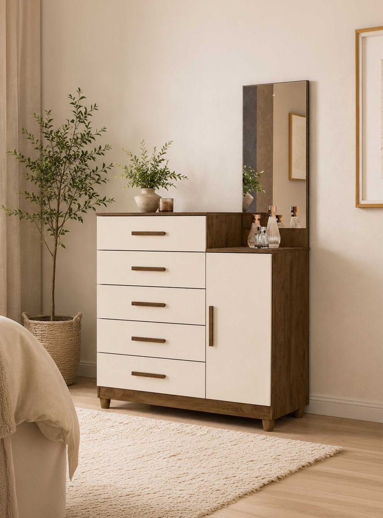 Comoda Lisboa 5 Cajones 1 Puerta con Espejo Castano / Off White