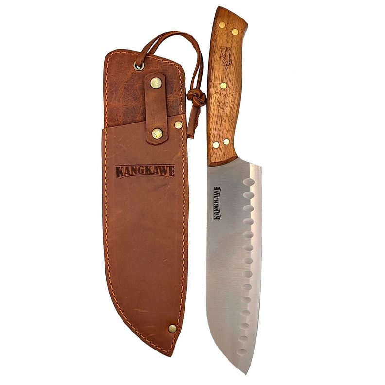 Cuchillo 7" Santoku Coñaripe Con Funda De Cuero Café-1