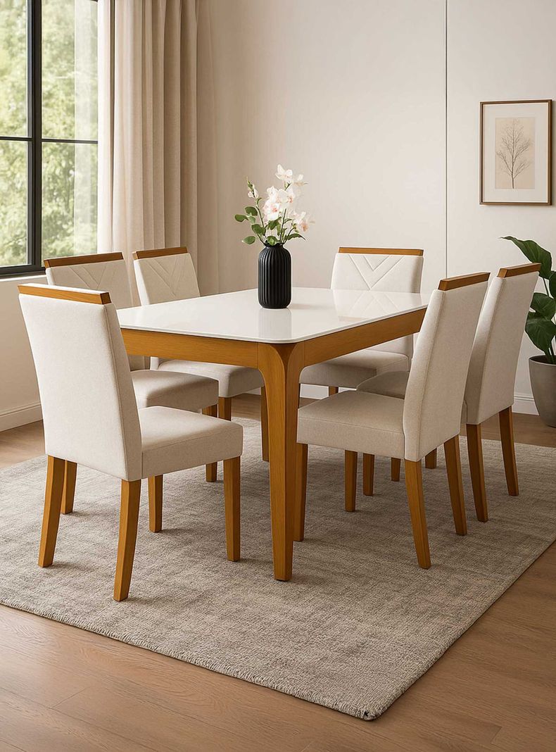 Juego de Comedor Roma 160x90 cm Vidrio 6 Sillas Beige Caramelo