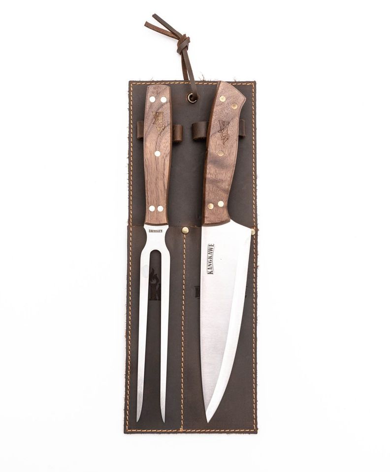 SET PARRILLERO: PINCHO + CUCHILLO CON FUNDA DE CUERO CAFÉ-0