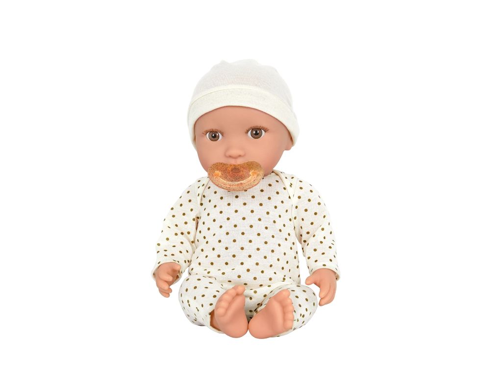 Muñeca con pijamas blanco de puntos y gorro-0