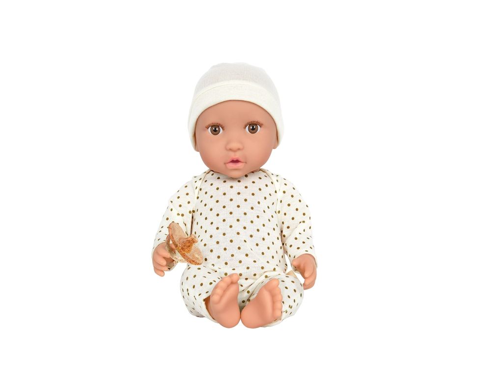 Muñeca con pijamas blanco de puntos y gorro-1
