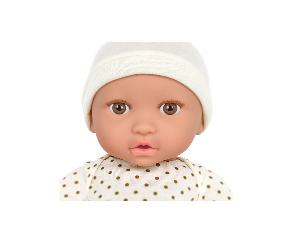 Muñeca con pijamas blanco de puntos y gorro-2