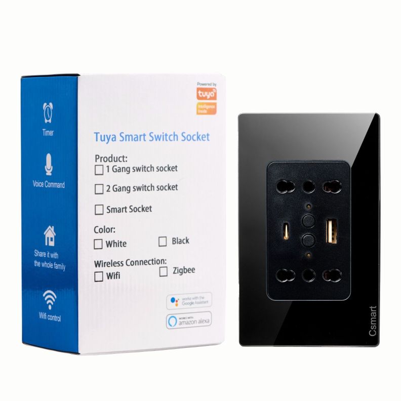 Enchufe Inteligente Wifi Doble + Usb Y Tipo C- Placa Vidrio Negro-0