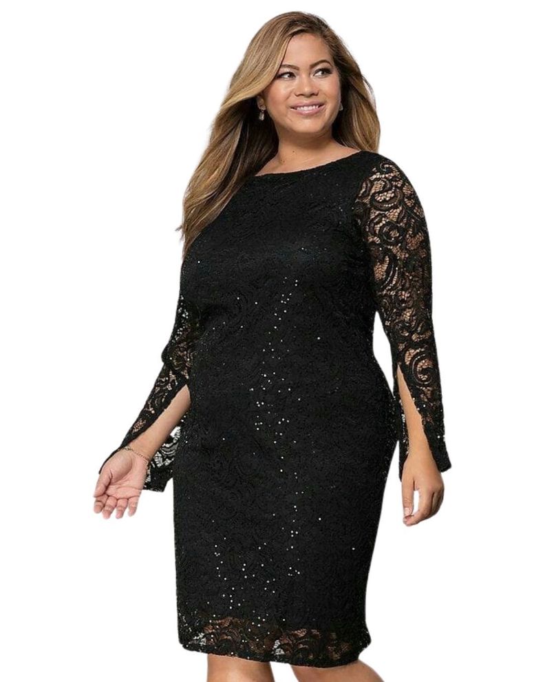 VESTIDO  AJUSTADO DE ENCAJE MANGA LARGA CON ABERTURA IDEAL PARA FIESTA COCTEL GALA BODA-0