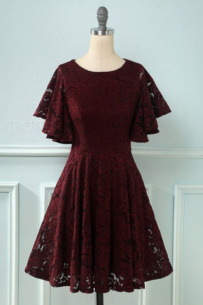 VESTIDO ACAMPANADO TODO DE ENCAJE MANGA VUELO IDEAL PARA FIESTA GALA MATRIMONIO-0