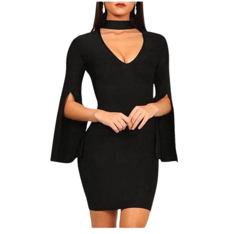 VESTIDO AJUSTADO MANGA CAMPANA LISO IDEAL PARA FIESTA COCTEL GRADUACION-0
