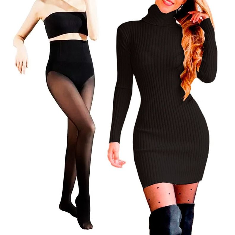 VESTIDO TIPO BEATLES MAS PANTYS CALZAS EFECTO PIEL CON POLAR Y FAJA REDUCTORA -1