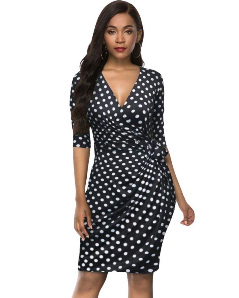 VESTIDO ENVOLVENTE CASUAL DE LUNARES IDEAL PARA FIESTA COCTEL BODA -0
