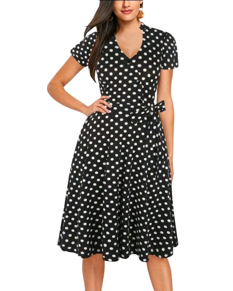 VESTIDO ACAMPANADO CASUAL MANGA CORTA IDEAL PARA FIESTA COCTEL GALA BODA-0