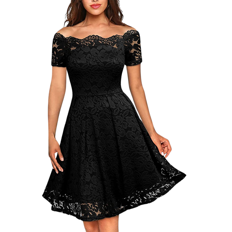 VESTIDO ACAMPANADO DE ENCAJE MANGA CORTA IDEAL PARA FIESTA GALA MATRIMONIO-1