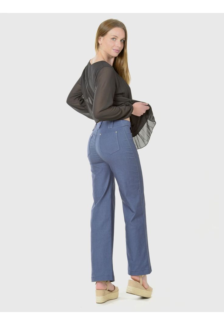 Pantalón Ancho Gabardina Azul Claro-5