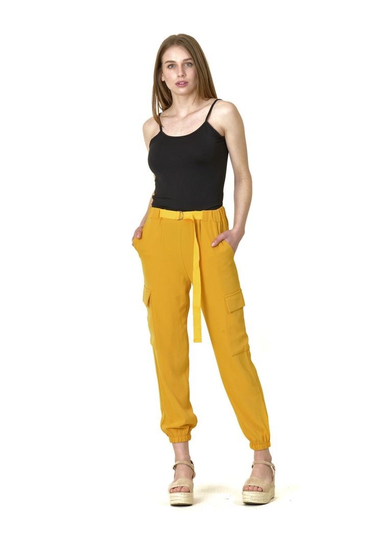 Pantalón Bolsillos Cinturón Italiano Amarillo-1
