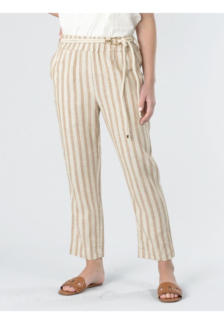 Pantalón Lino Italiano Lineas Beige-4