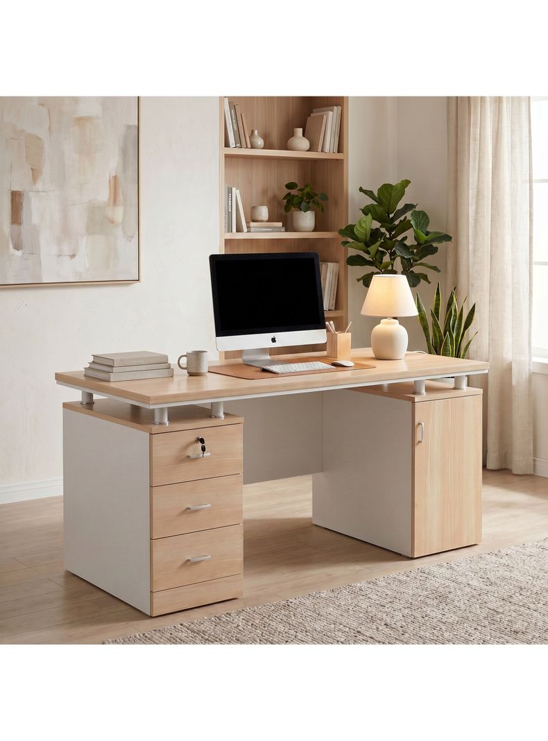 Escritorio Moderno Con Cajoneras 140x60x77cm Para Oficina Cafe Claro