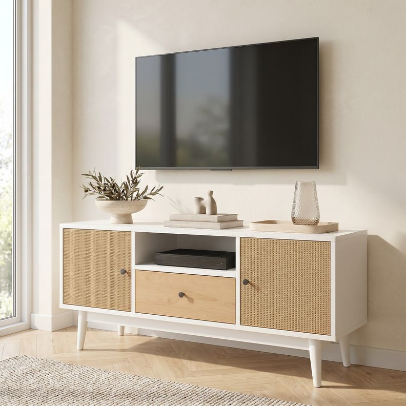 Rack Tv 140x40x48cm 1 Tiras 2 Puerta Melamina Tejido Eeuu Blanco
