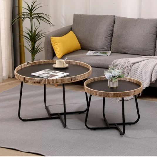 Juego Mesa De Centro Lateral Living Redonda Doble Tejido Color Marrón-6