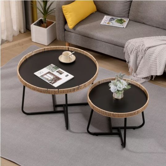 Juego Mesa De Centro Lateral Living Redonda Doble Tejido Color Marrón-7
