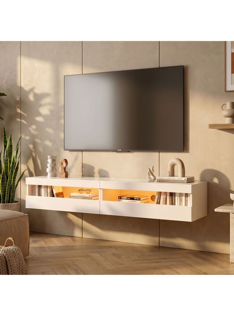 Rack Tv 160x40x30cm Con Luz Variable Melamina Alto Brillo Blanco